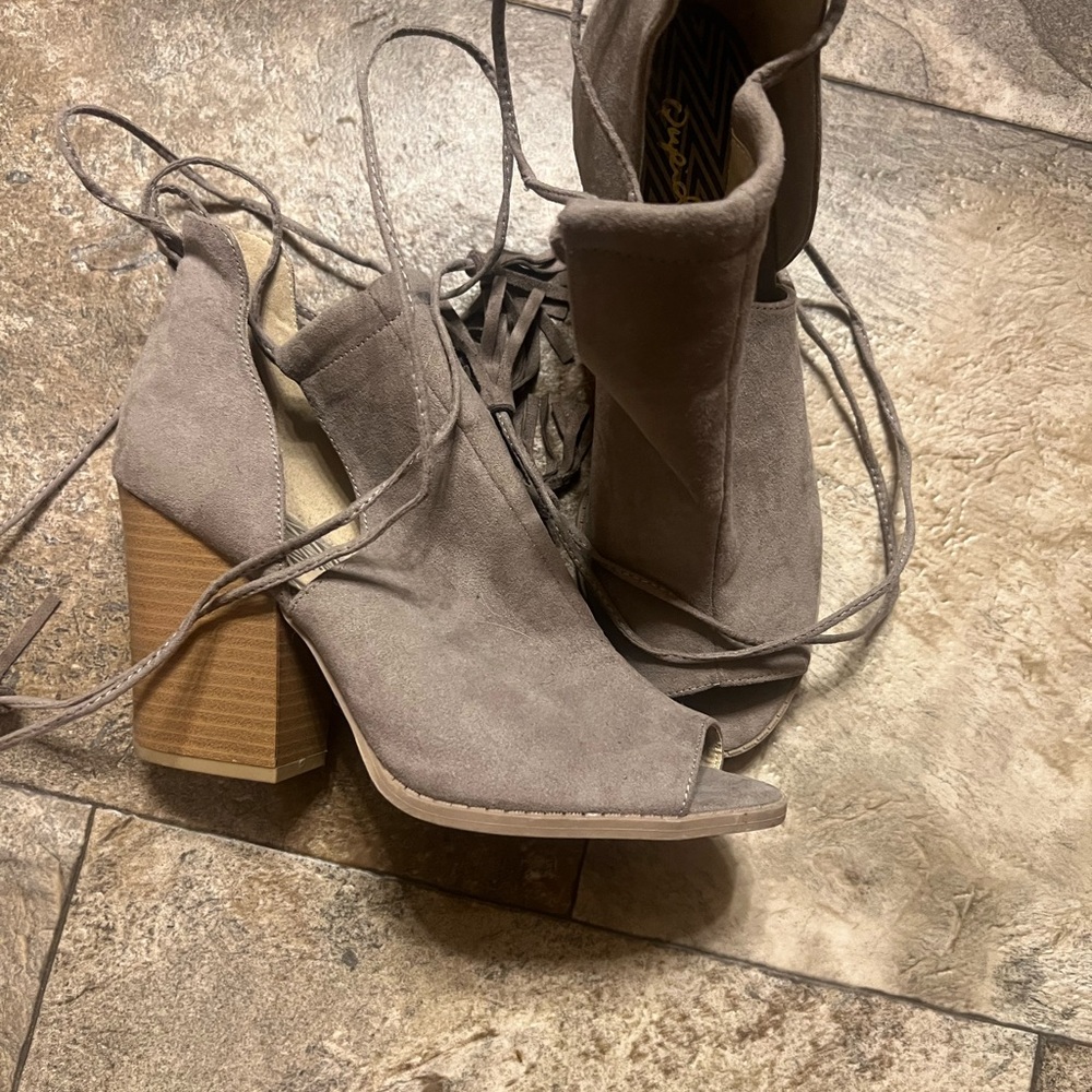Taupe Peep-Toe Block Heel Sandals